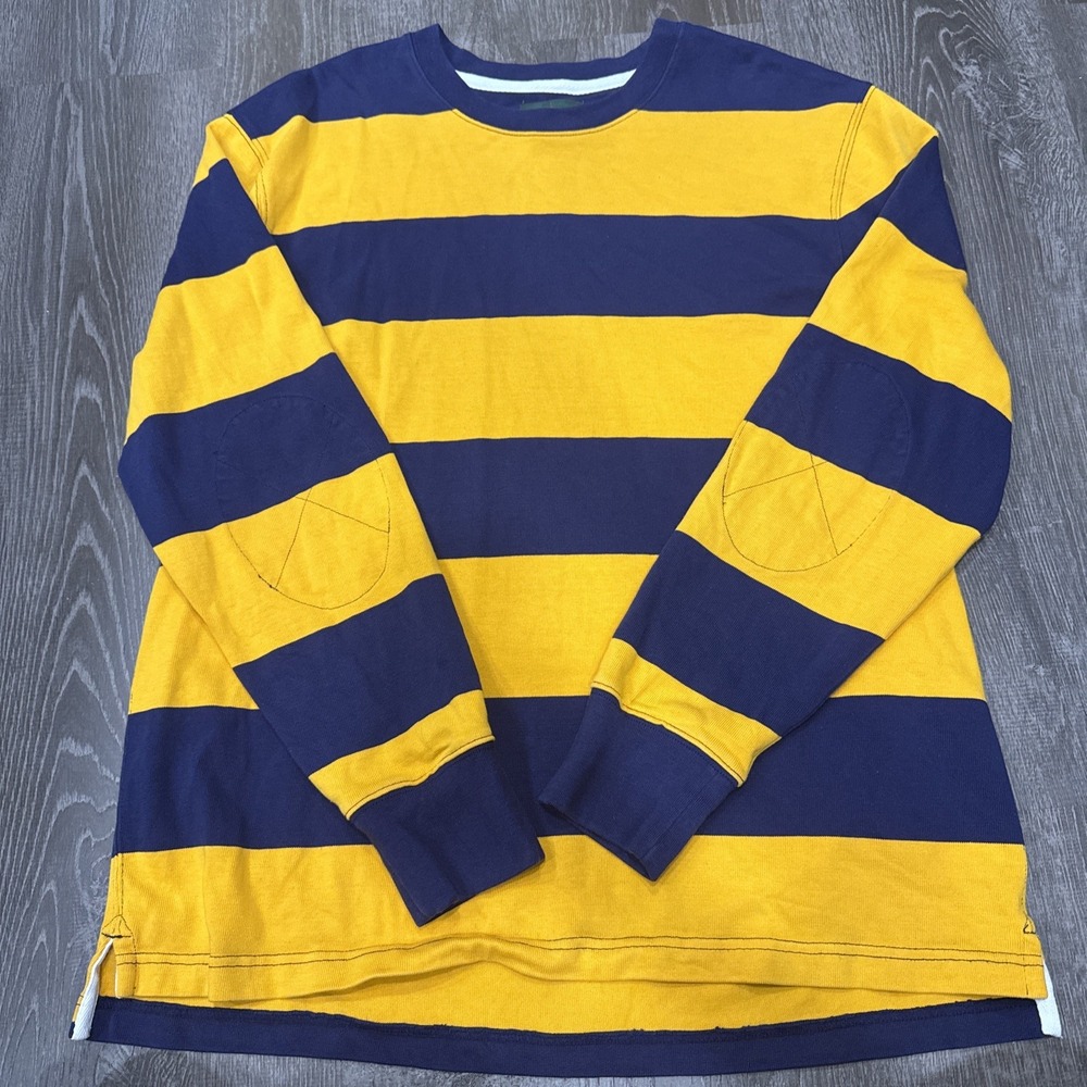 J Crew Oarsman Rugby Shirt Men Medium Blue Yellow Striped Colorblock Elbow Pads